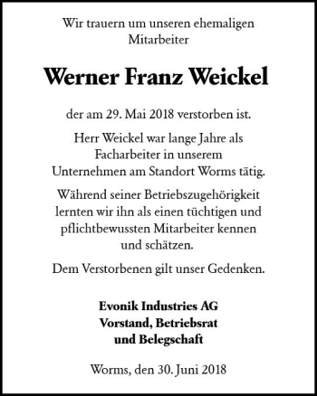 Traueranzeige von Werner Franz Weickel von Trauerportal Rhein Main Presse