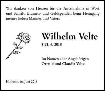 Traueranzeige von Wilhelm Velte von Trauerportal Rhein Main Presse