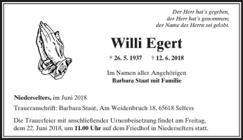 Traueranzeige von Willi Egert von  Camberger Anzeiger