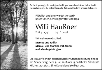 Traueranzeige von Willi Haußner von Trauerportal Rhein Main Presse