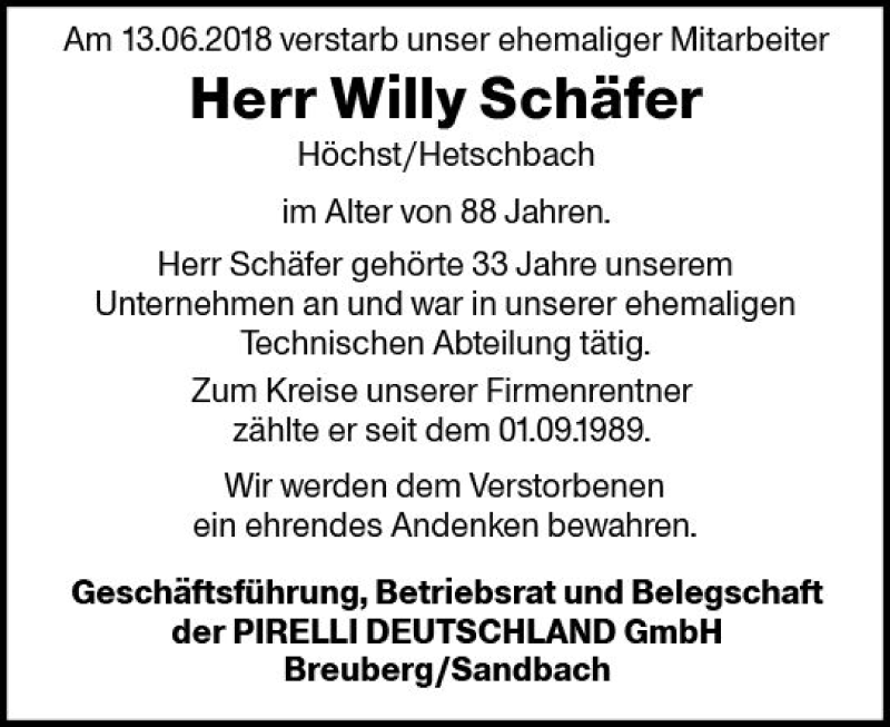  Traueranzeige für Willy Schäfer vom 22.06.2018 aus Trauerportal Rhein Main Presse