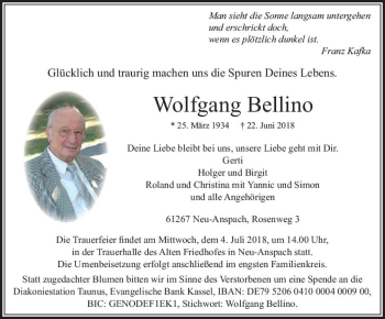 Traueranzeige von Wolfgang Bellino von  Usinger Anzeiger
