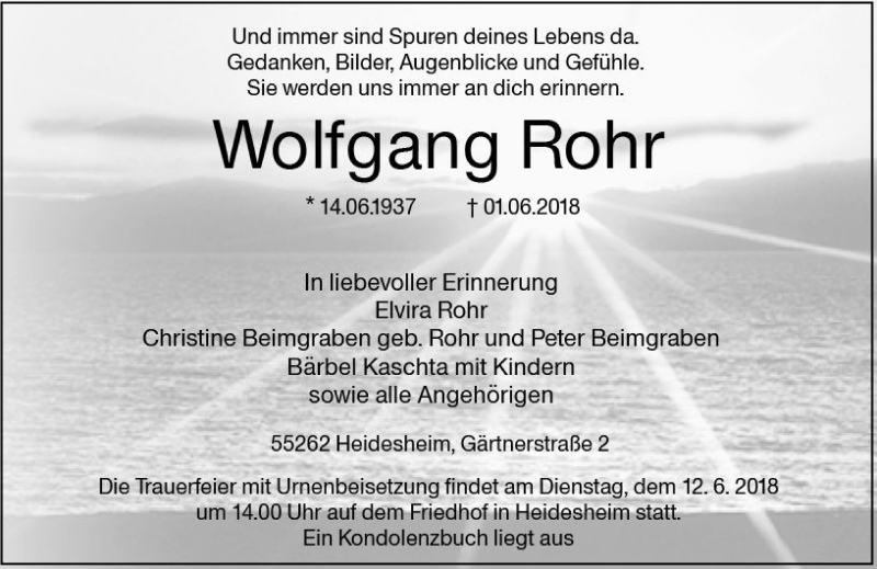  Traueranzeige für Wolfgang Rohr vom 09.06.2018 aus Trauerportal Rhein Main Presse