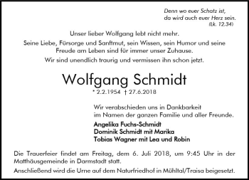 Traueranzeige von Wolfgang Schmidt von Trauerportal Rhein Main Presse