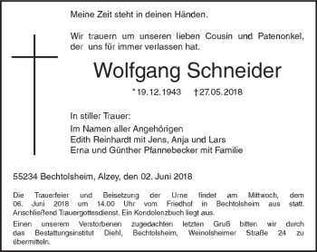Traueranzeige von Wolfgang Schneider von Trauerportal Rhein Main Presse