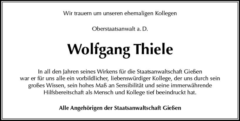  Traueranzeige für Wolfgang Thiele vom 08.06.2018 aus  Gießener Anzeiger