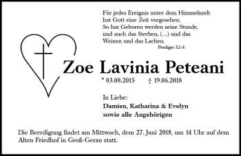 Traueranzeige von Zoe Lavinia Peteani von Trauerportal Rhein Main Presse