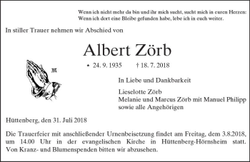 Traueranzeige von Albert Zörb von  Gießener Anzeiger