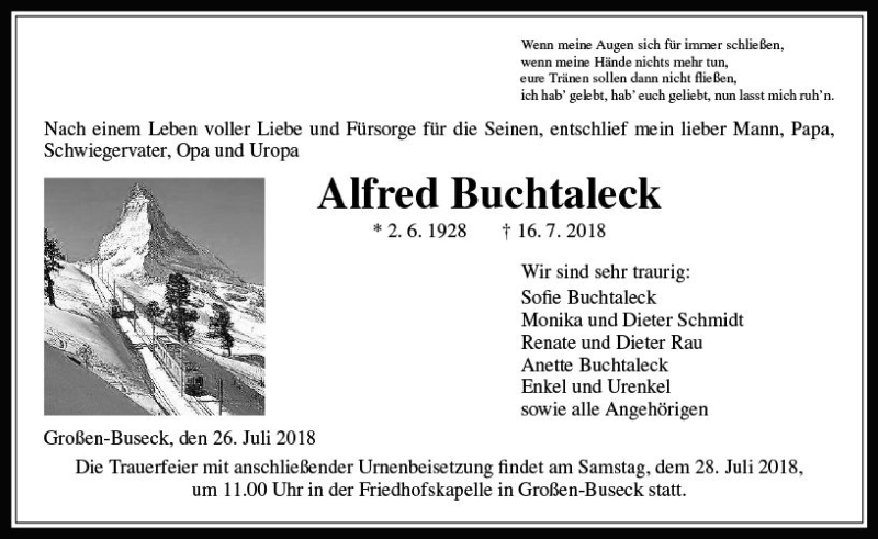  Traueranzeige für Alfred Buchtaleck vom 26.07.2018 aus  Gießener Anzeiger