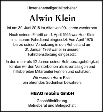 Traueranzeige von Alwin Klein von vrm-trauer