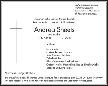 Traueranzeige von Andrea Sheets von  Usinger Anzeiger