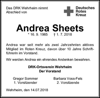 Traueranzeige von Andrea Sheets von  Usinger Anzeiger
