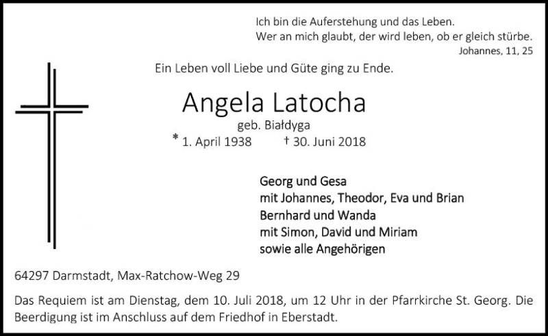  Traueranzeige für Angela Latocha vom 07.07.2018 aus vrm-trauer