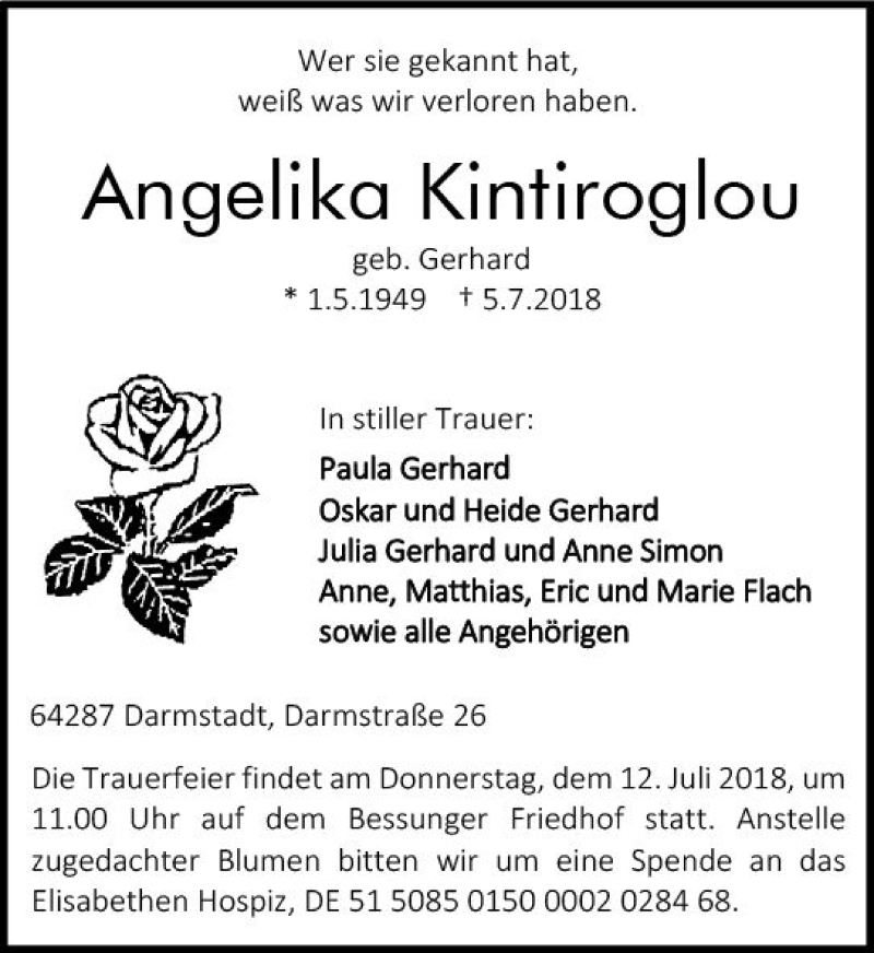  Traueranzeige für Angelika Kintiroglou vom 10.07.2018 aus vrm-trauer