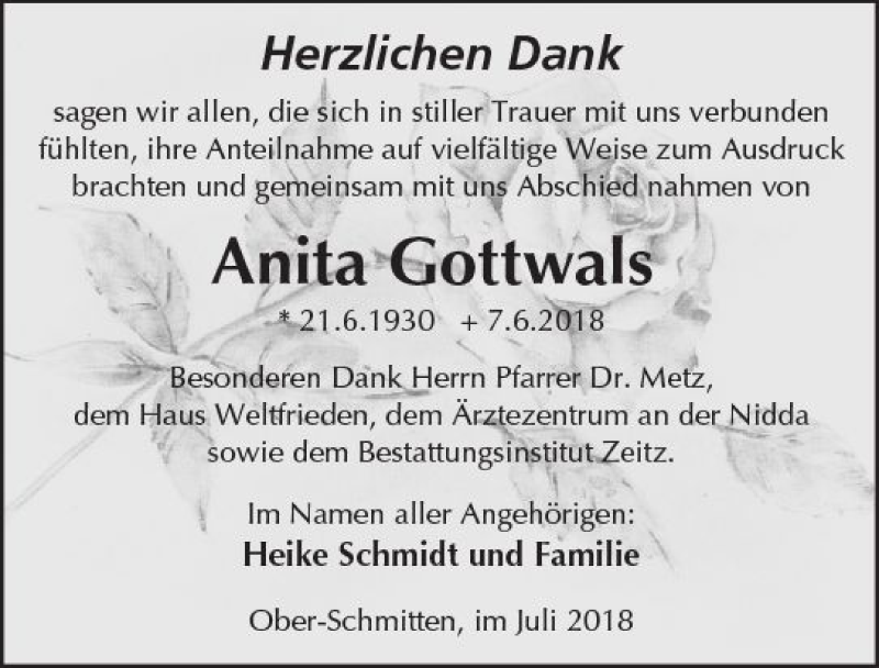 Traueranzeige für Anita Gottwals vom 07.07.2018 aus  Kreisanzeiger