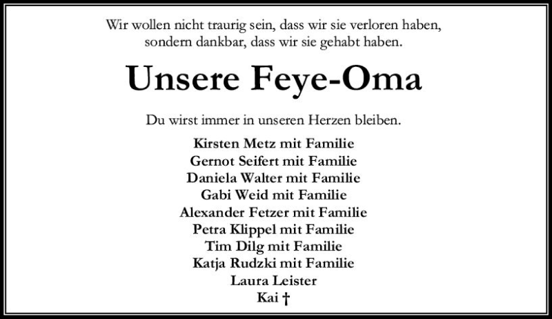  Traueranzeige für Anneliese Fey vom 02.07.2018 aus Trauerportal Rhein Main Presse