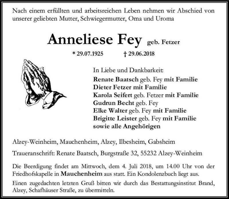  Traueranzeige für Anneliese Fey vom 02.07.2018 aus Trauerportal Rhein Main Presse