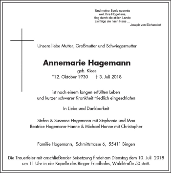 Traueranzeige von Annemarie Hagemann von vrm-trauer