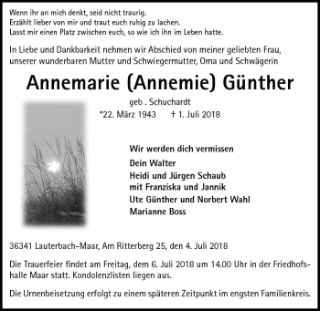 Traueranzeige von Annemarie Annemie Günther von VRM Trauer