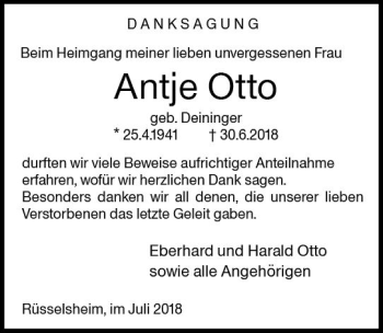 Traueranzeige von Antje Otto von vrm-trauer