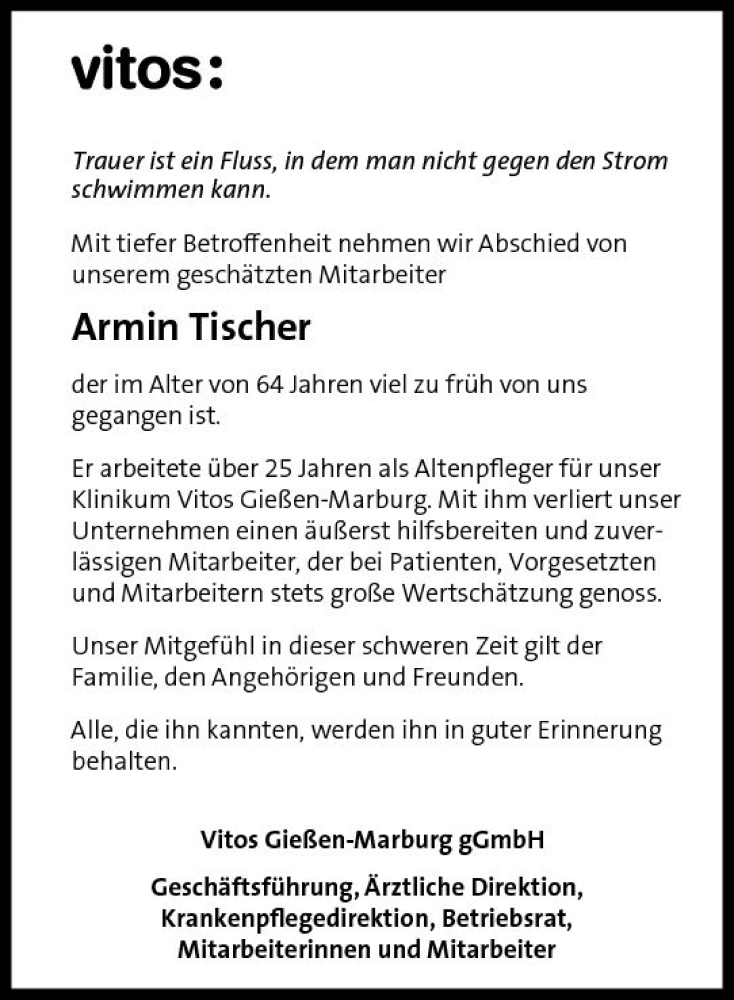  Traueranzeige für Armin Tischer vom 04.07.2018 aus  Gießener Anzeiger