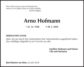 Traueranzeige von Arno Hofmann von vrm-trauer