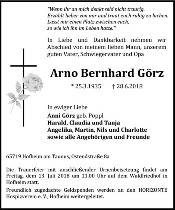 Traueranzeige von Arno Bernhard Görz von vrm-trauer