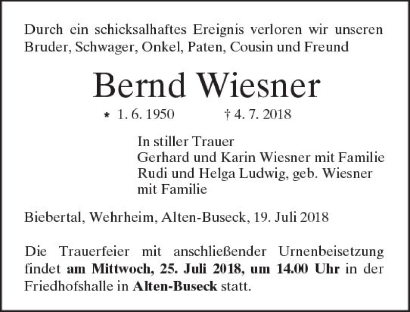  Traueranzeige für Bernd Wiesner vom 19.07.2018 aus  Gießener Anzeiger