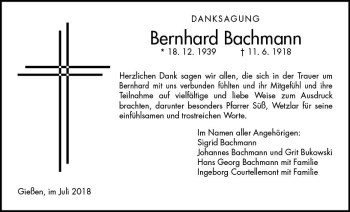 Traueranzeige von Bernhard Bachmann von  Gießener Anzeiger