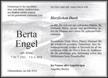 Traueranzeige von Berta Engel von VRM Trauer