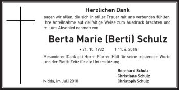 Traueranzeige von Berta Marie Schulz von  Kreisanzeiger