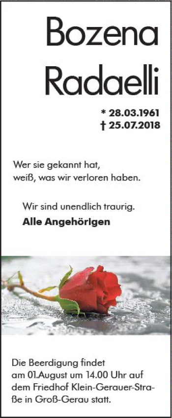 Traueranzeige von Bozena Radaelli von vrm-trauer