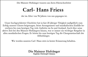 Traueranzeige von Carl-Hans Friess von vrm-trauer
