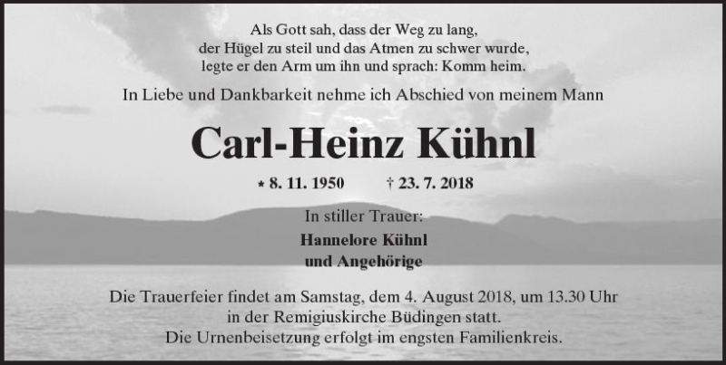  Traueranzeige für Carl-Heinz Kühnl vom 28.07.2018 aus  Kreisanzeiger