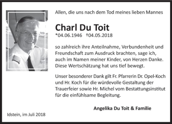Traueranzeige von Charl Du Toit von vrm-trauer