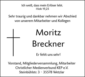 Traueranzeige von Christian Moritz Breckner von vrm-trauer