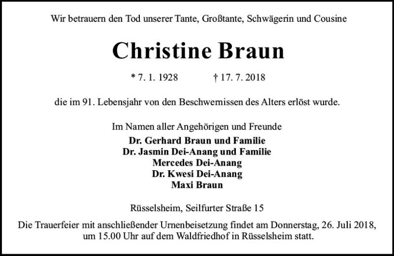  Traueranzeige für Christine Braun vom 21.07.2018 aus vrm-trauer