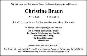 Traueranzeige von Christine Braun von vrm-trauer