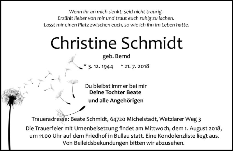  Traueranzeige für Christine Schmidt vom 28.07.2018 aus vrm-trauer
