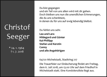 Traueranzeige von Christof Seeger von Trauerportal Rhein Main Presse