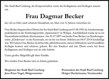 Traueranzeige von Dagmar Becker von  Camberger Anzeiger