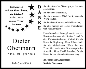 Traueranzeige von Dieter Obermann von VRM Trauer