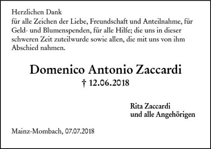  Traueranzeige für Domenico Antonio Zaccardi vom 07.07.2018 aus vrm-trauer