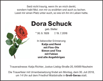 Traueranzeige von Dora Schuck von vrm-trauer
