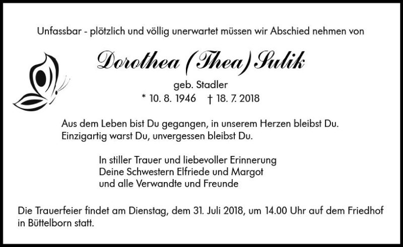  Traueranzeige für Dorothea  Sulik vom 28.07.2018 aus vrm-trauer