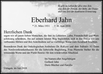 Traueranzeige von Eberhard Jahn von  Usinger Anzeiger
