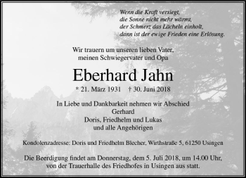 Traueranzeige von Eberhard Jahn von  Usinger Anzeiger