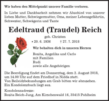 Traueranzeige von Edeltraud Reich von  Kreisanzeiger