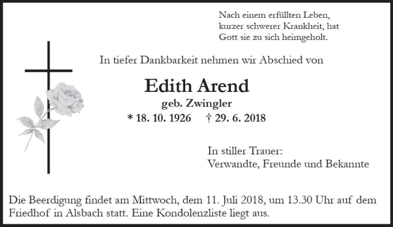  Traueranzeige für Edith Arend vom 07.07.2018 aus vrm-trauer