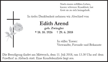 Traueranzeige von Edith Arend von vrm-trauer